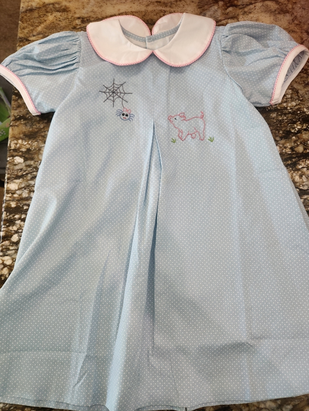 Girls Light Blue Polka Dot Dress with Pink Trim